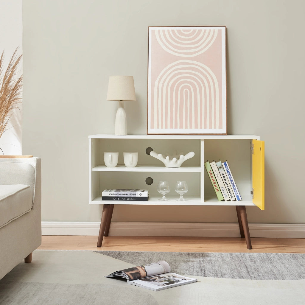 Mobile TV Vare con Anta e Vani Aperti 100 x 40 x 66 cm - Bianco/Giallo [en.casa]