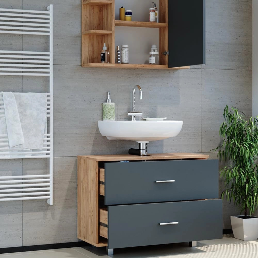 Set mobili bagno Ilias, Antracite/quercia dorata, 80.2 cm, composto da specchio da bagno e mobile sottolavabo