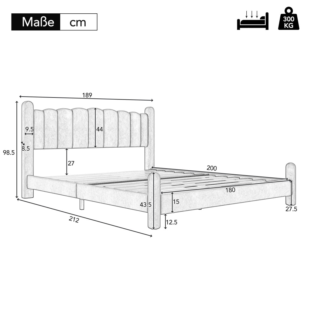 Letto Matrimoniale 180x200 cm; 2 Posti - Testiera ondulata e gambe cilindriche - Beige