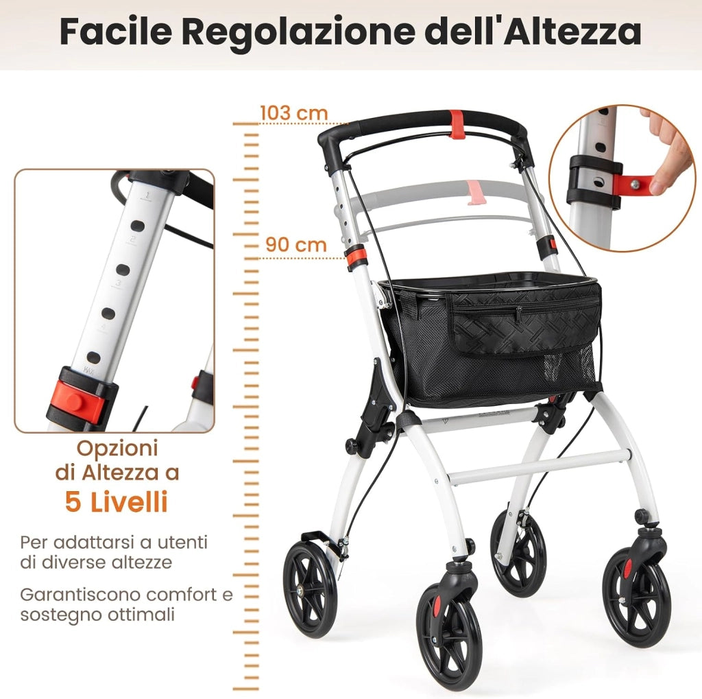 Deambulatore Sedia a Rotelle Pieghevole, Deambulatore per Anziani Leggero con Vassoio, Cesto, 4 Ruote e Freni, Deambulatore Regolabile in Altezza e Adatto per Spazi Stretti