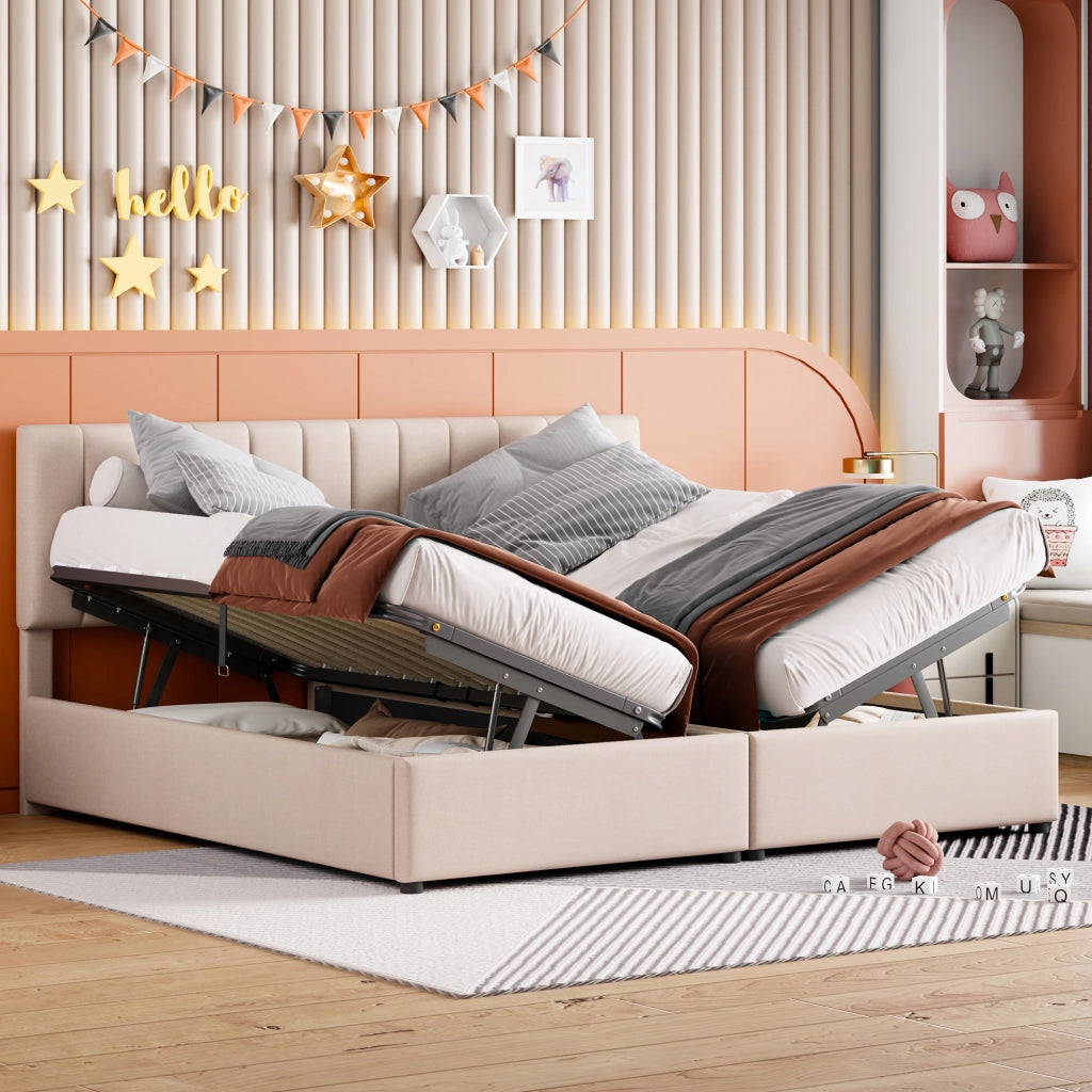 OKWISH Letto Contenitore 180×200 cm, Letto Matrimoniale con Contenitore Idraulico, Testiera Regolabile e Convertibile, senza Materasso, Beige