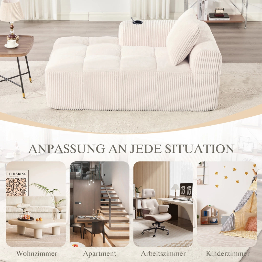 Divano lineare con tasche laterali e portabicchieri - in tessuto a coste beige 158×93×61 cm