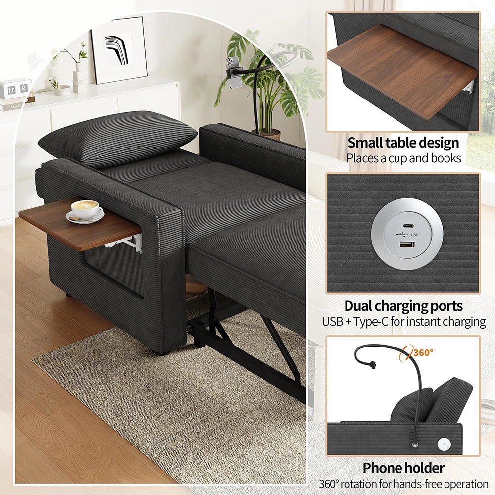 Divano letto pieghevole - Xylo - Con USB, 1 posto, velluto, grigio