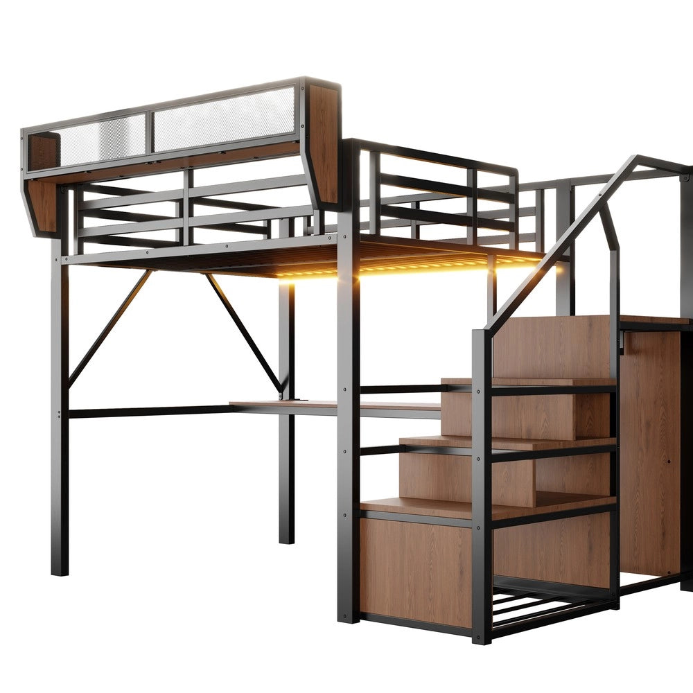Letto a soppalco con LED e scrivania ¨C Minimal ¨C Nero metallo 140x200cm
