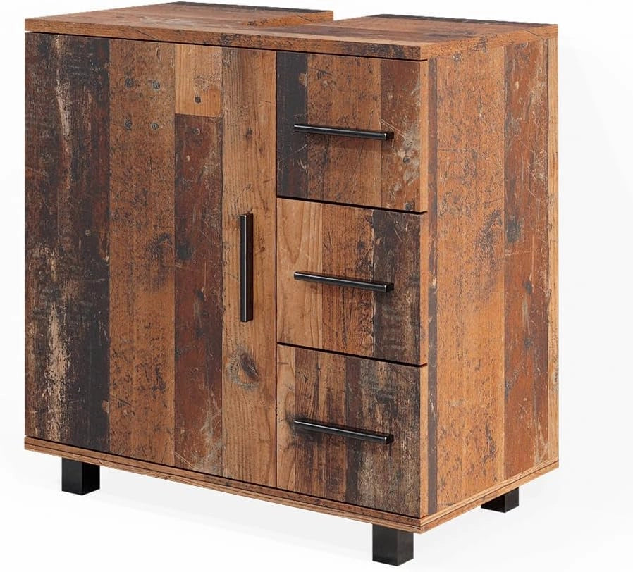 Mobile sottolavabo per bagno Ilias, Rovere rustico, 60 x 60.8 cm con anta e 3 cassetti, con intaglio per sifone per l'installazione su lavabo