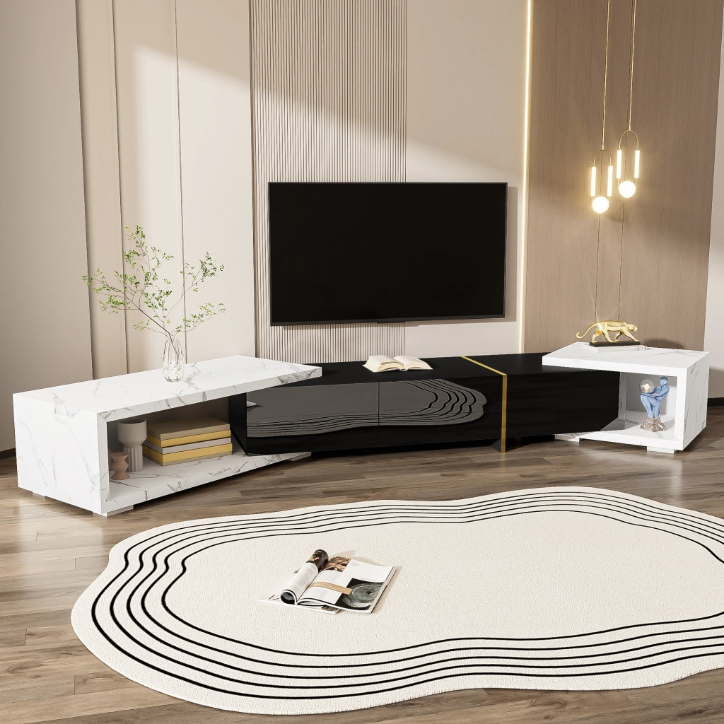 Mobile TV allungabile 140?C260 cm girevole; con 2 Vani; Stile Moderno; Nero Lucido Opaco; Effetto Marmo Bianco; MDF