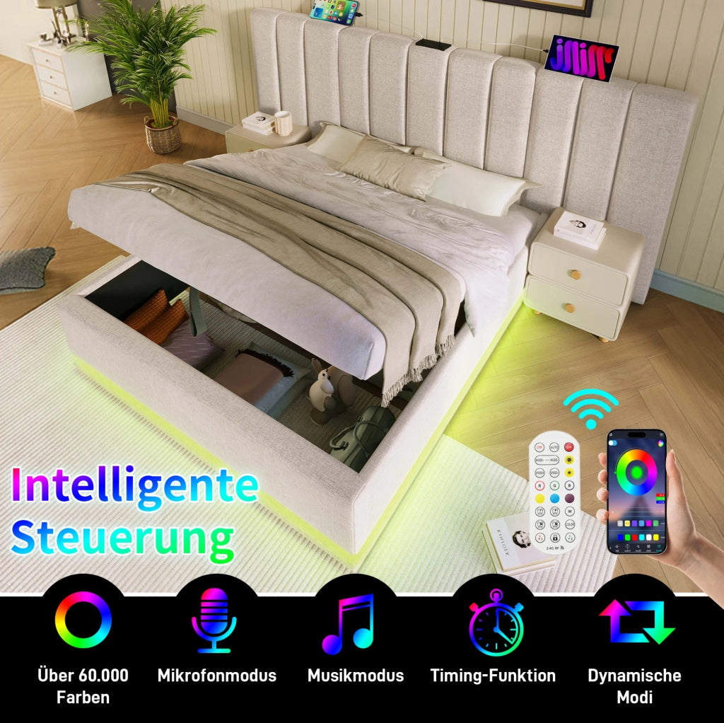 Letto matrimoniale 180x200 con LED, USB-C e vano contenitore