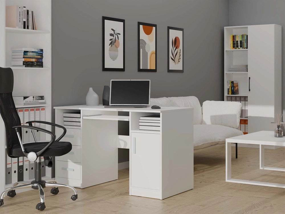 Scrivania delta bianco 120 cm 3 cassetti mobile con ripiani per ufficio camera e laptop