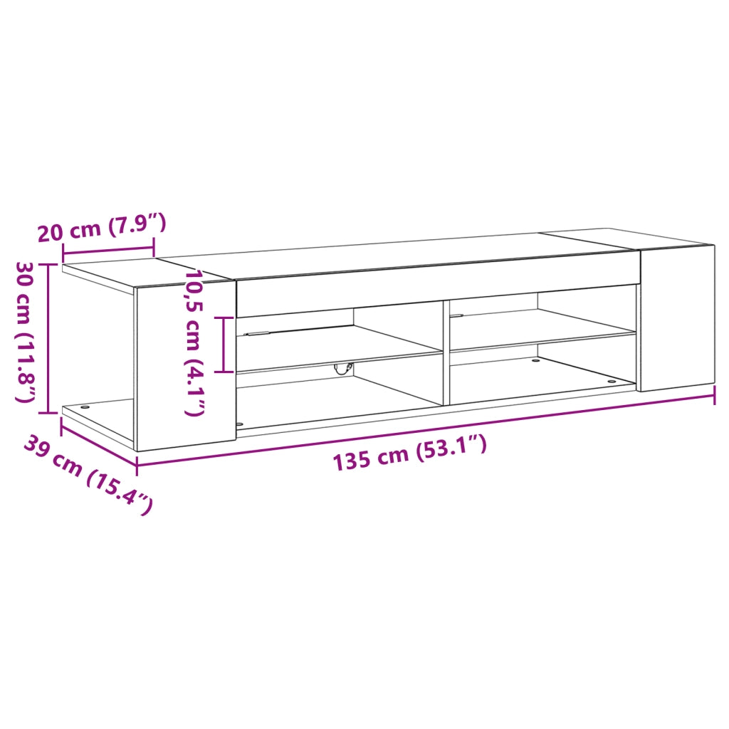 Mobile TV  con luci LED, Nero Rovere, 135x39x30cm, in legno ingegnerizzato