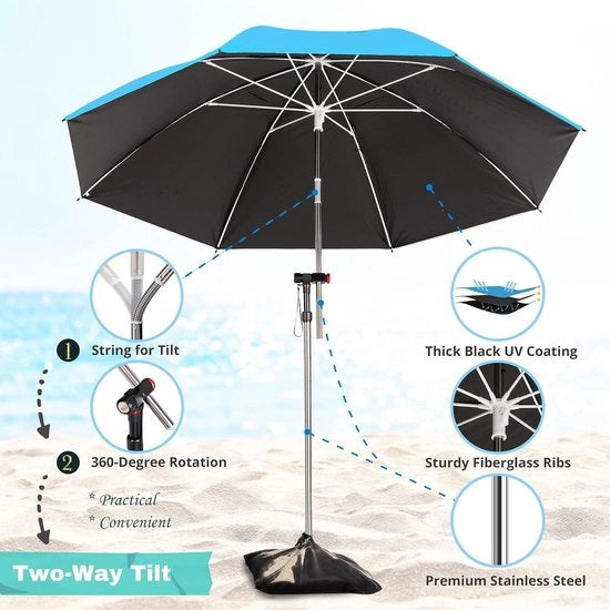Parasole per spiaggia - Resistente al vento, stabile, protezione UV 50, leggero - Diametro 180 cm, inclusa base di appoggio