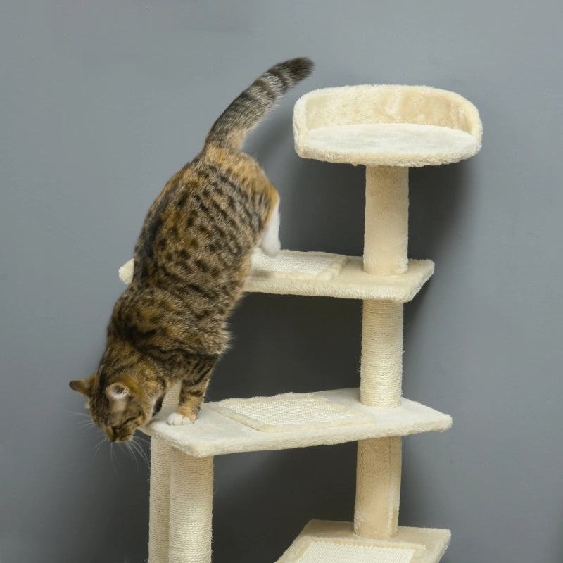 Tiragraffi per Gatti a Più Livelli con Pali in Sisal; Piattaforma Panoramica; 100 cm Beige