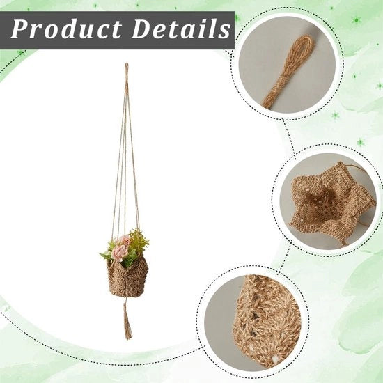 Hanger per piante in macramè 97 cm con corda juta intrecciata tessuta appoggio per vaso decorativo contenitore per piante bastoncini lunga mandola stendardo con gancho a forma S per interni esterni muro casa bohemien