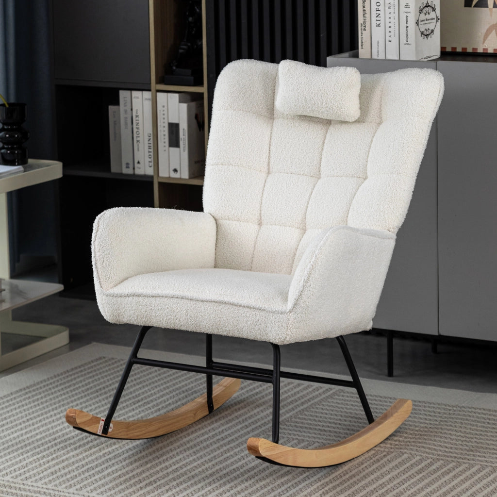 Poltrona a Dondolo Bouclé Bianca H92 cm con Poggiatesta e Pouf 49x38x38 cm