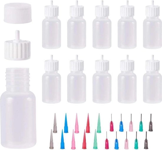 Kit di applicazione di colla multifunzionale con contenitore in plastica - pacchetto da 10 - flaconcini per liquido - punte per ago - bocchette - kit per quilling in carta