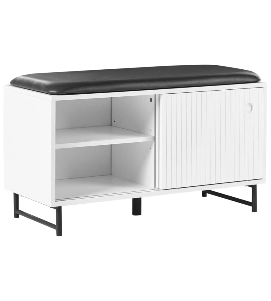 Mobile porta scarpe in MDF bianco a 2 scomparti con seduta imbottita e ante scorrevoli, design scandinavo, ingresso