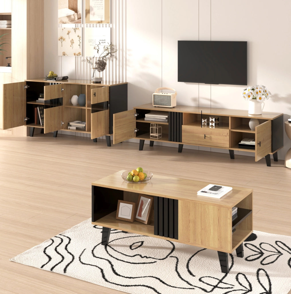 Sideboard 140x78,5x41 cm in legno e nero con ante, LED e ripiani interni
