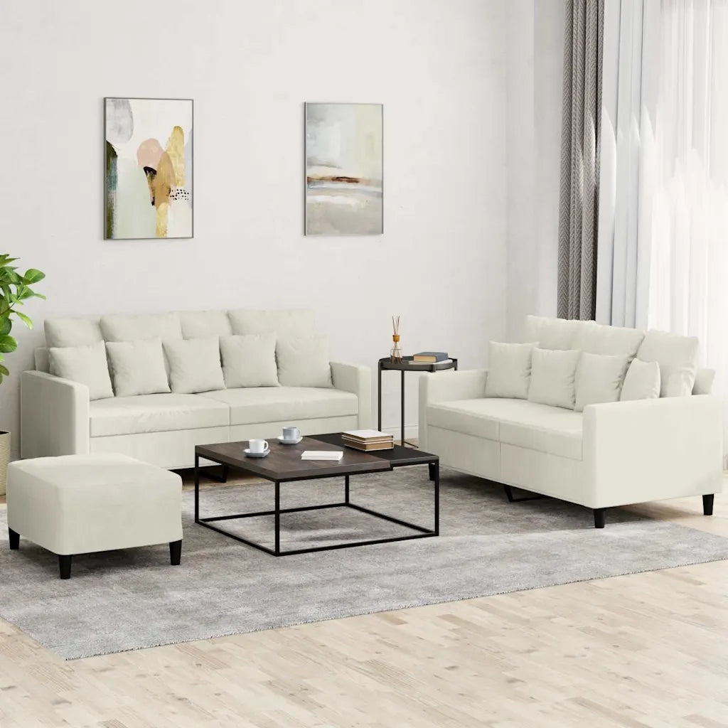 Set di Divani 3 pz con Cuscini Crema in Velluto