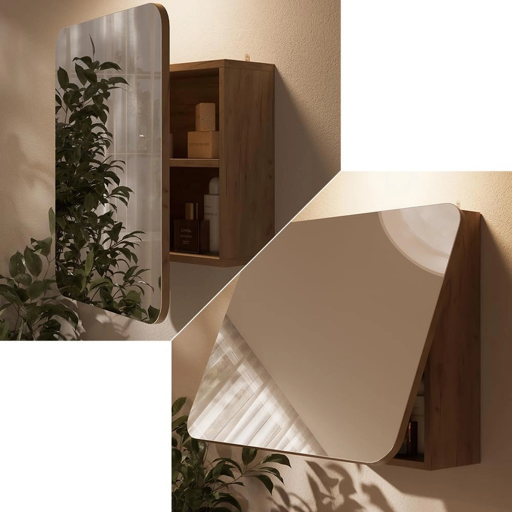 Specchio contenitore bagno Zino, Quercia dorata, 60 x 50 cm con ripiani