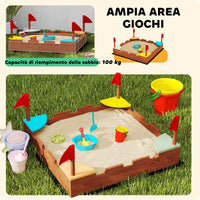 Sabbiera per Bambini 90x90x17 cm con 4 Sedute Angolari in Legno di Abete Multicolore