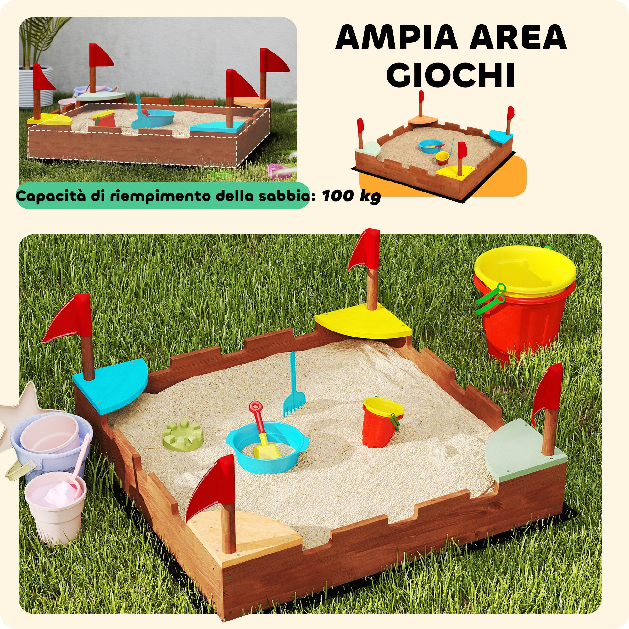 Sabbiera per Bambini 90x90x17 cm con 4 Sedute Angolari in Legno di Abete Multicolore