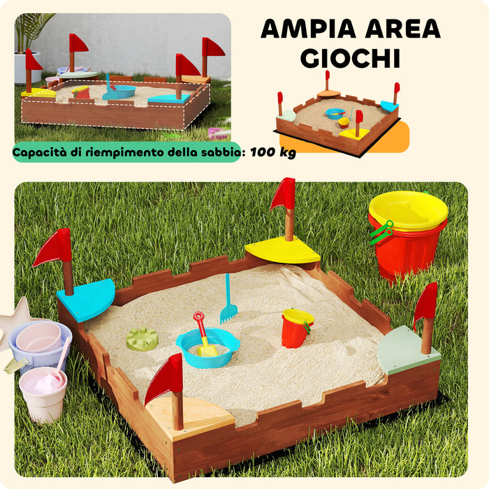 Sabbiera per Bambini 90x90x17 cm con 4 Sedute Angolari in Legno di Abete Multicolore