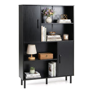 Credenza mobile da cucina con 2 ante 4 ripiani aperti e 5 gambe in metallo, Libreria verticale in legno Nero
