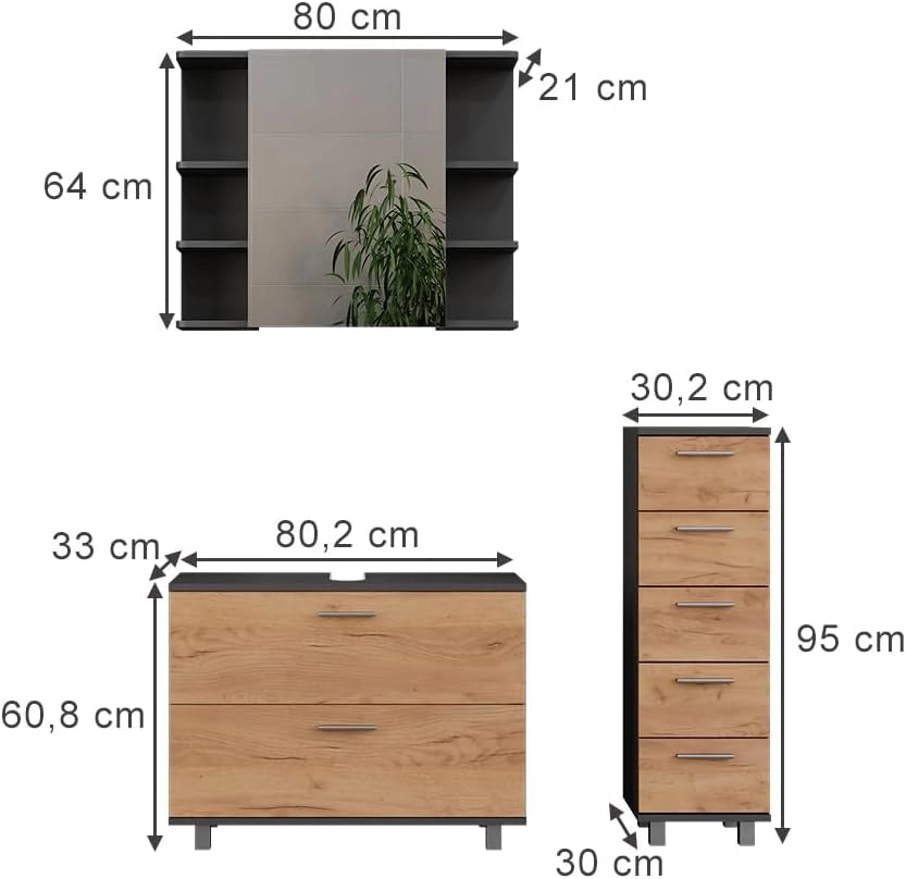 Set di mobili da bagno Ilias, Quercia dorata/antracite, 80.2 cm, composto da mobile sottolavabo, specchiera e mobile medio