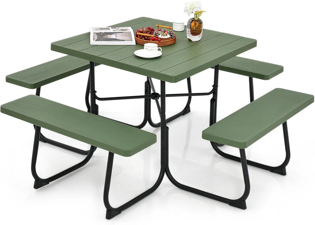 Set di tavolo da picnic per 8 persone, tavolo quadrato e 4 panche in HDPE, con foro per ombrellone, texture simile al legno, per giardino, patio (verde)