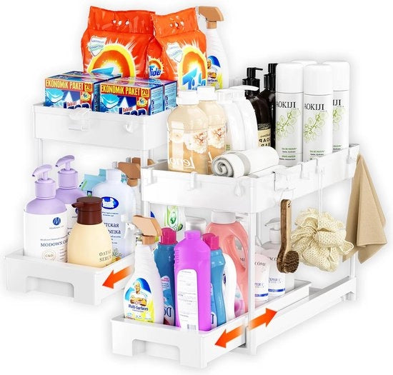 Organizzatore per lavandino 2 pannelli, cassetto estensibile per lavandino con 20 ganci, contenitore per utensili di pulizia sotto il mobile, organizzatore per spezie e erbe, piano di lavoro per cucina, aiuto cucina, 2 pezzi bianchi