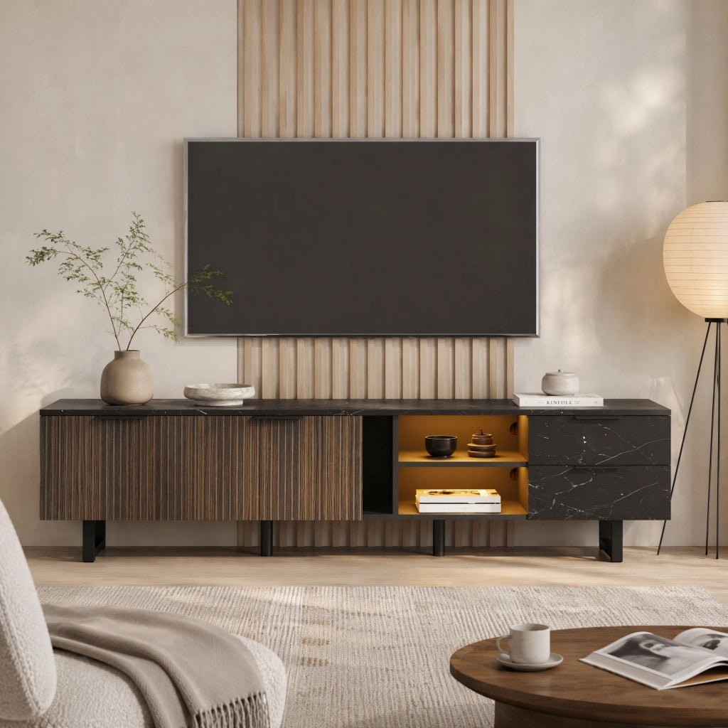 Mobile TV 200 cm in MDF nero effetto marmo; LED multicolore tramite app; 2 ante e 2 cassetti