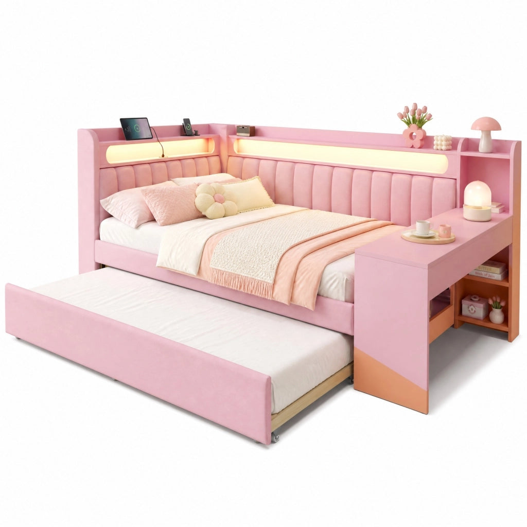Divano letto imbottito 140x200 con letto estraibile; scrivania; LED e USB; rosa