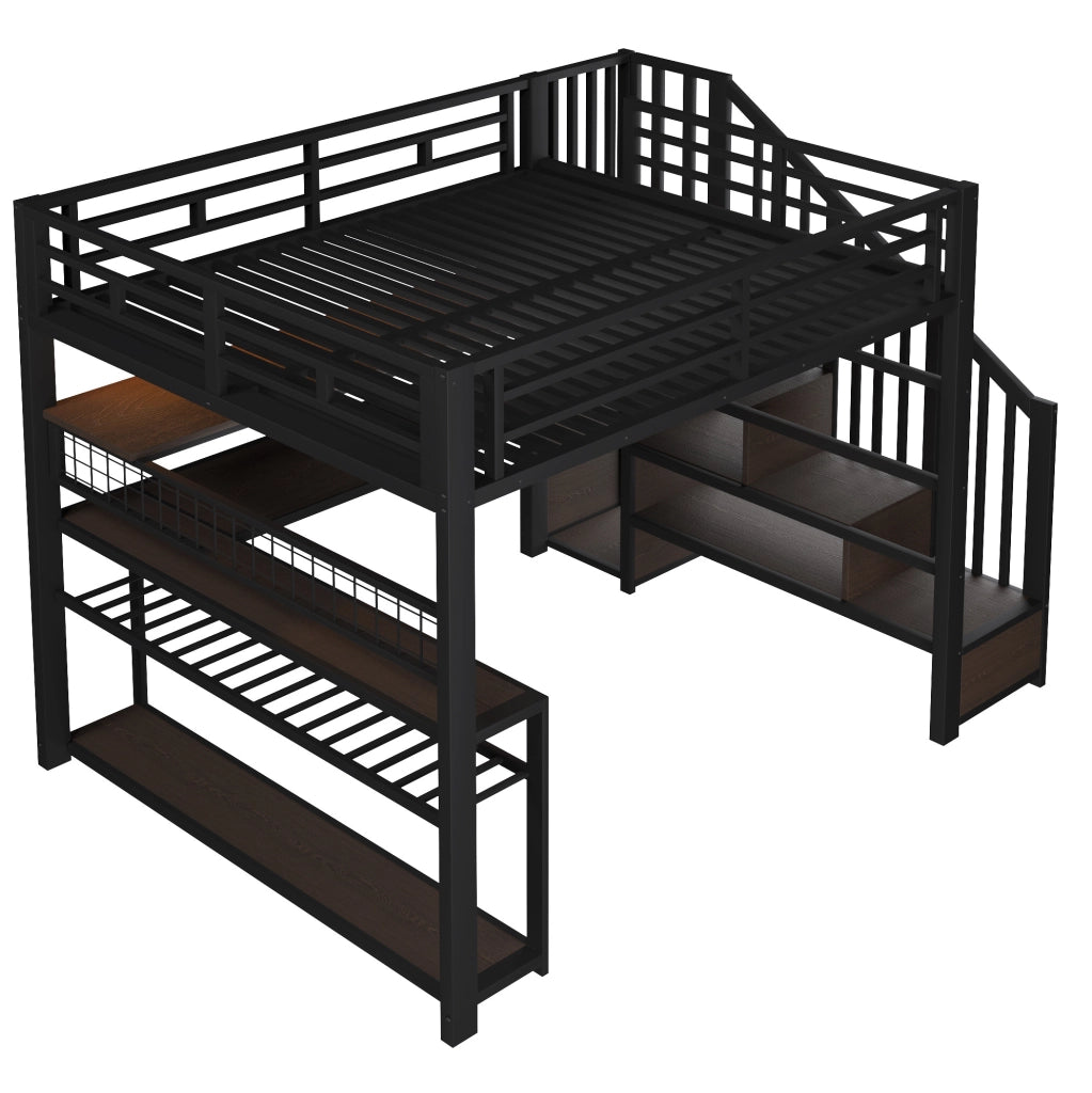 Letto a soppalco 140x200 cm con LED RGB, scrivania e armadio in metallo e MDF nero