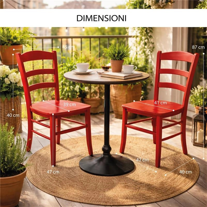 SET 2 SEDIE PAESANA IN LEGNO CON SEDUTA COMPATTA E SCHIENALE ALTO H 87 X L 45 X P 40 CM COLORE ROSSO