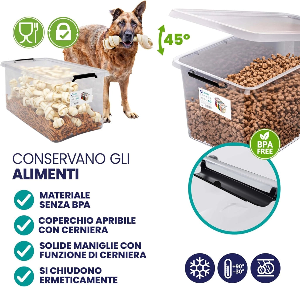 6X 60L Scatole in Plastica Trasparente Senza BPA Contenitori con Coperchio Impilabili Ruote Cassette Salvaspazio