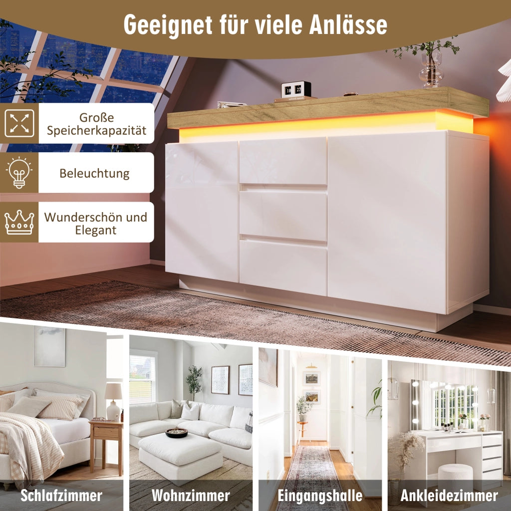 Madia con 2 Ante e 3 Cassetti e LED; Finitura Lucida; Stile Moderno; in Pannelli; Bianco; 140??39??81 cm