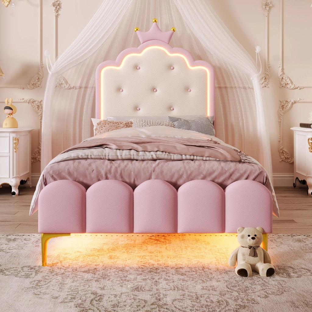 LETTO Principessa 90x200 cm in PU Rosa con luci LED