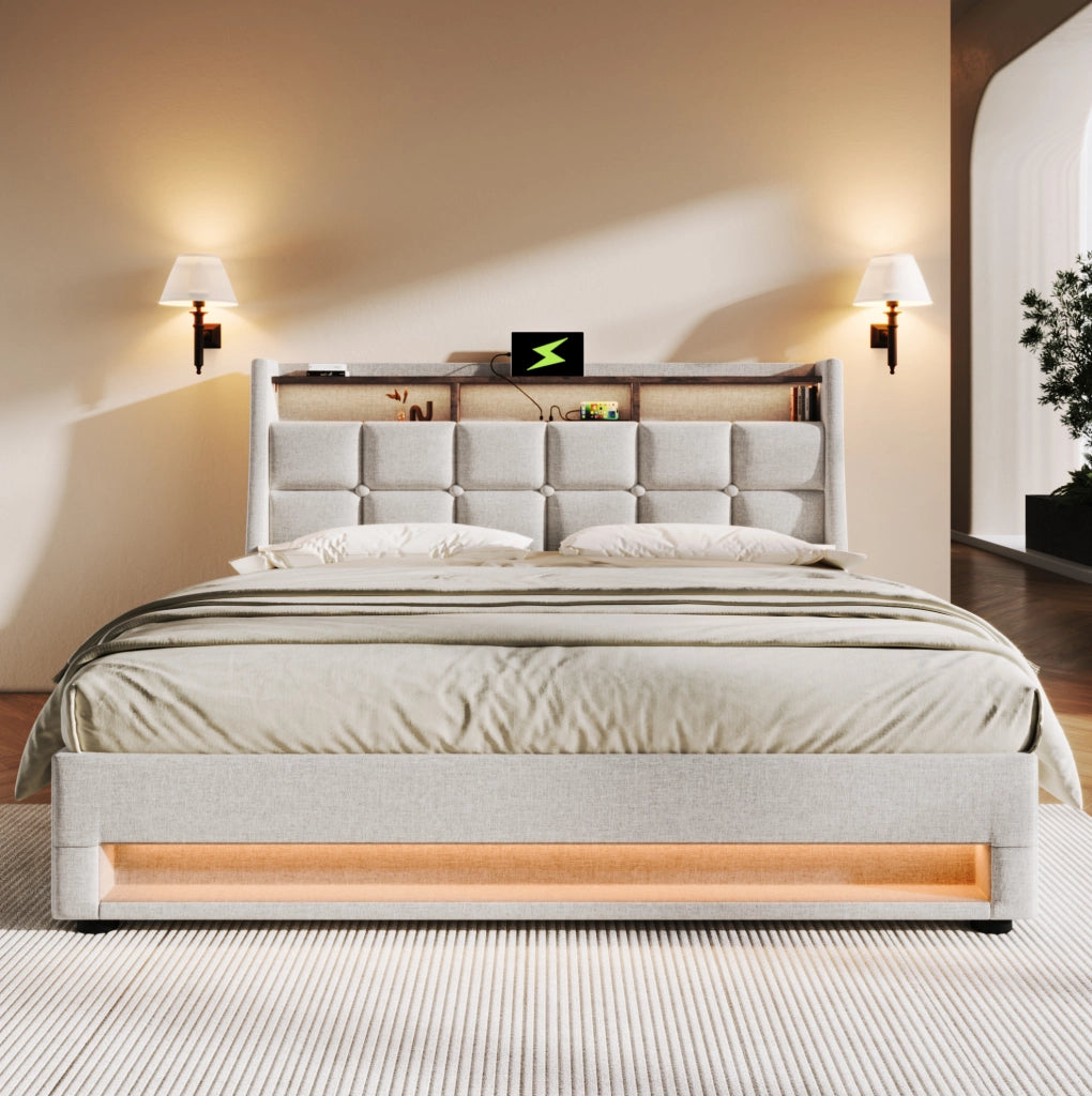 Letto imbottito 140x200 cm con LED; USB e contenitore; beige chiaro