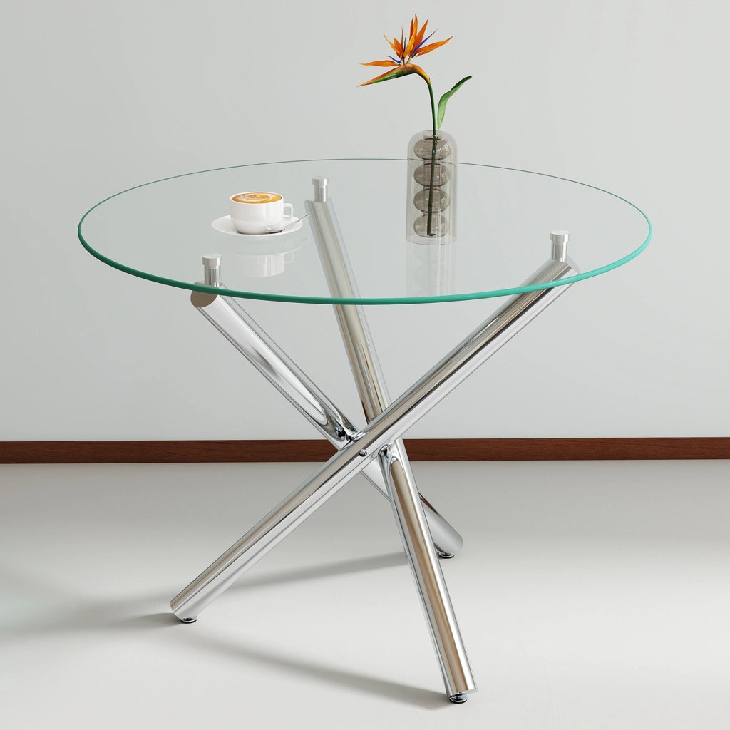 Tavolo da pranzo - rotondo in vetro temperato - gambe metalliche - 80x80x76 cm - stile minimalista moderno