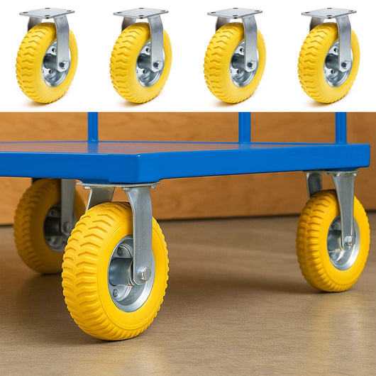 Set 4 ruote fisse da trasporto, antiforatura, 225x58 mm, 100 kg/ruota, con piastra di montaggio