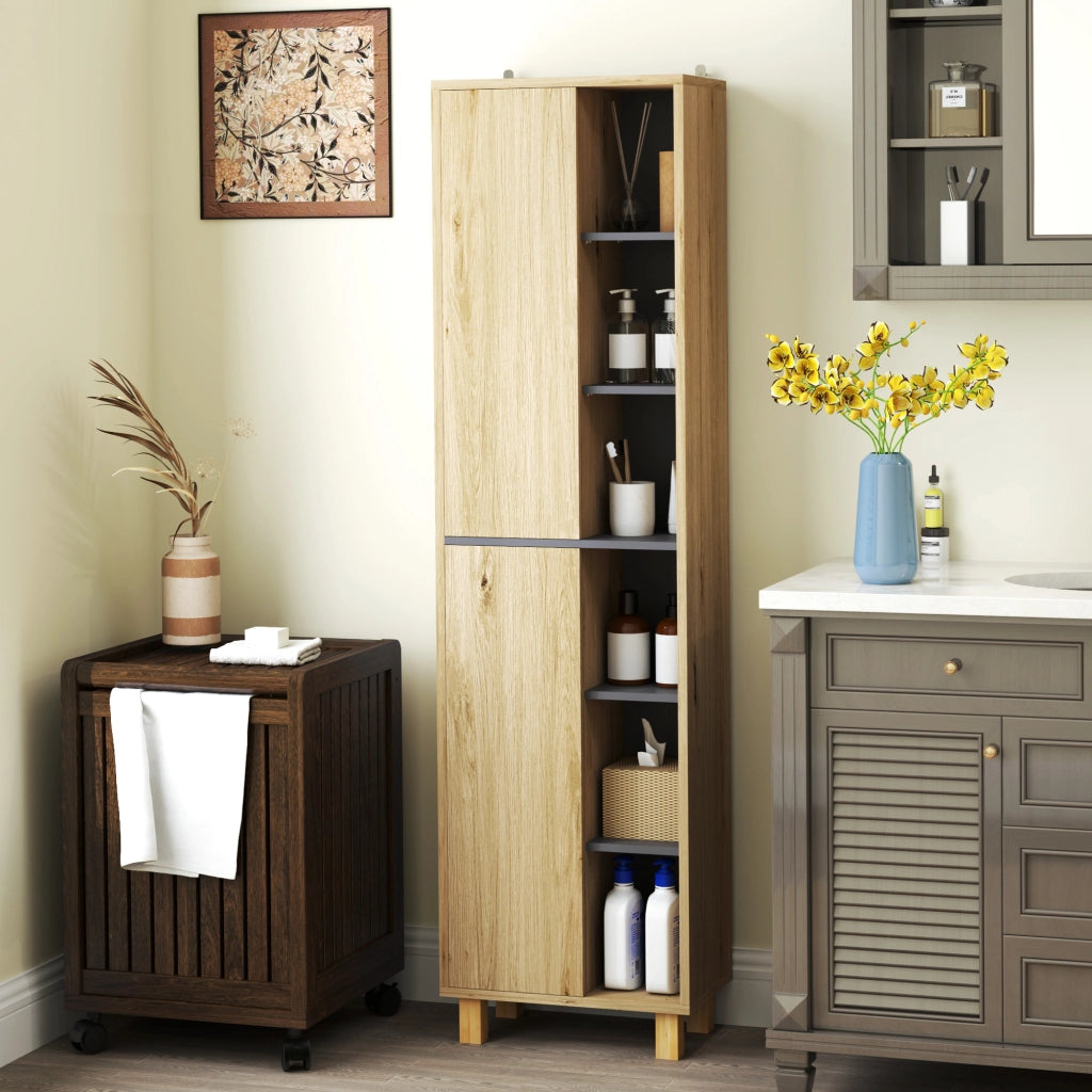 Armadio colonna bagno con 6 ripiani aperti e 2 ante ¨C zephmum ¨C legno naturale