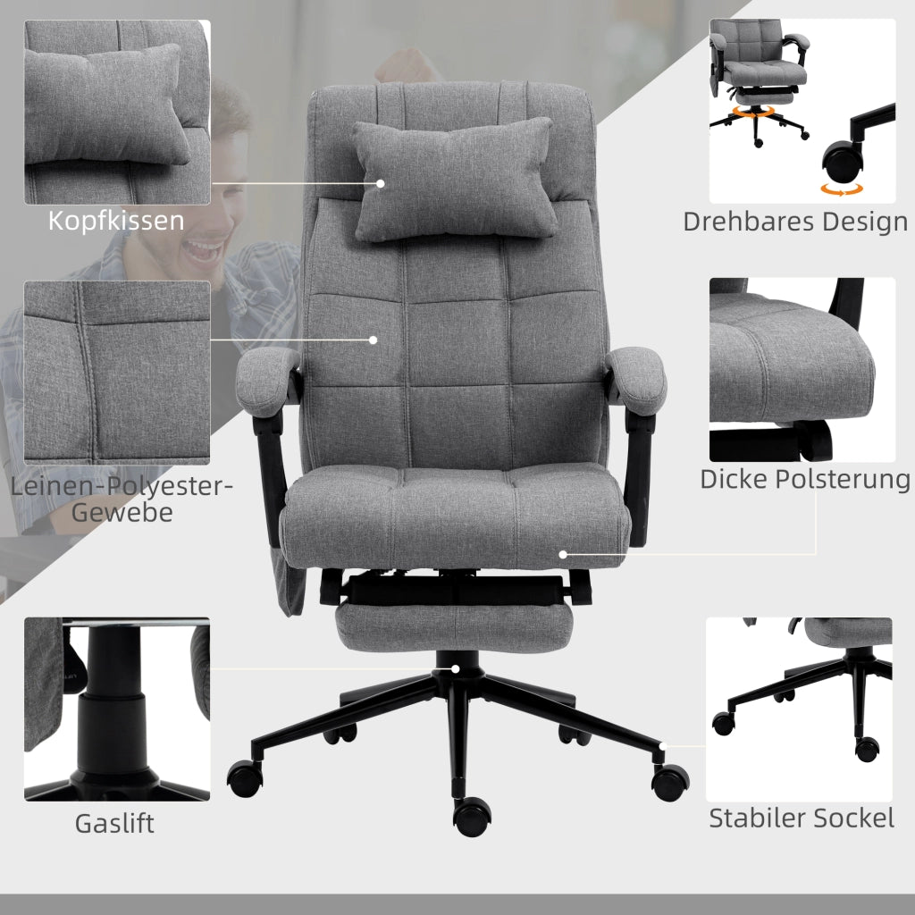 Sedia da ufficio massaggiante ergonomica con riscaldamento lombare, poggiapiedi e poggiatesta in acciaio grigio