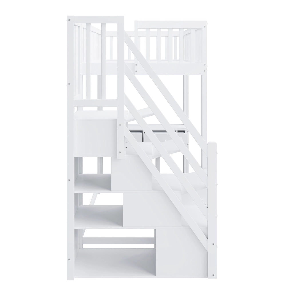 Letto a soppalco 90x200 cm bianco con scrivania e scalini contenitore