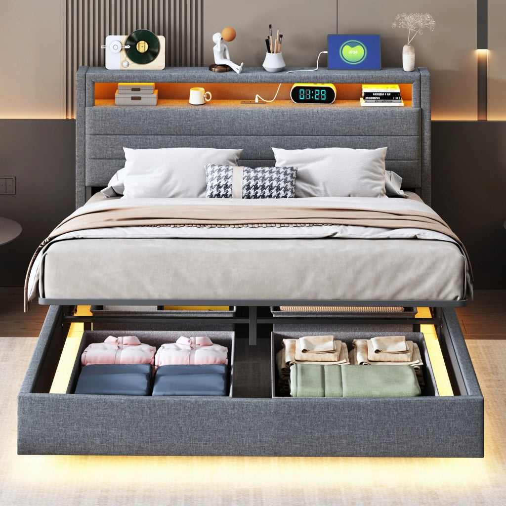 Letto imbottito 140x200 cm con contenitore idraulico, LED e USB