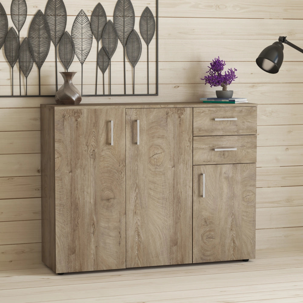 KIT MOBILE CREDENZA 3 ANTE + 2 CASSETTI CM. 120X93X35 BIANCO GRIGIO ROVERE
