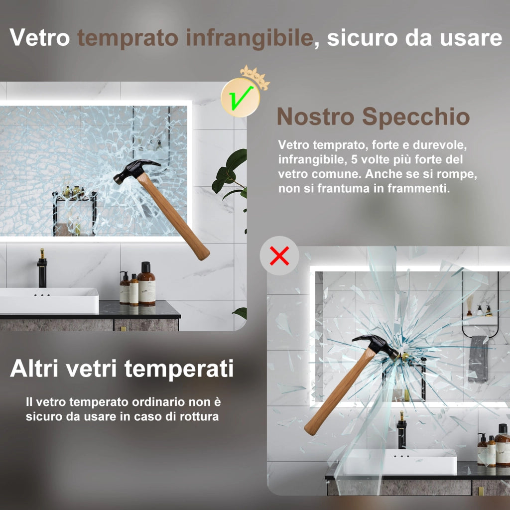 AICA Specchio da bagno  120 x 70 cm, dimmerabile, Funzione Memoria, antiappannamento, 3 colori