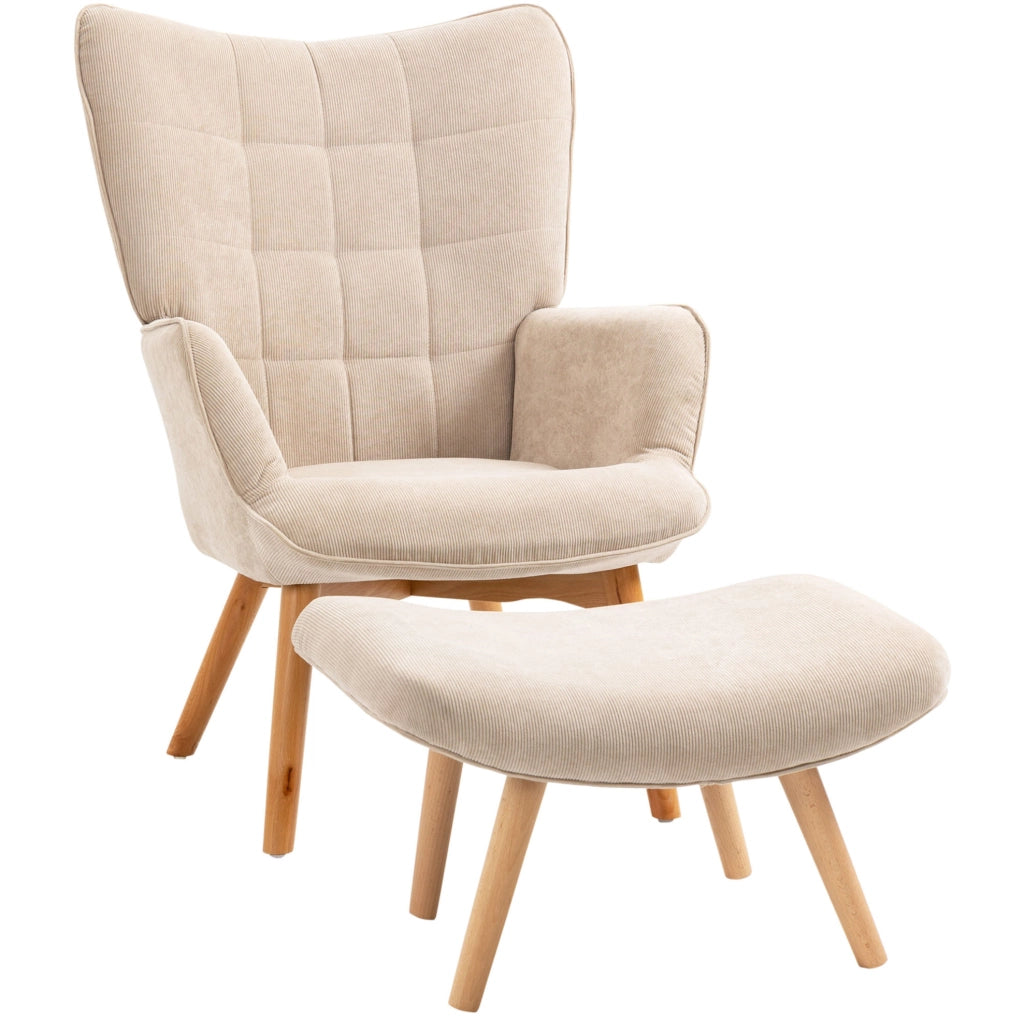 Poltrona con pouf 72x80x101 cm con struttura robusta in corduroy beige
