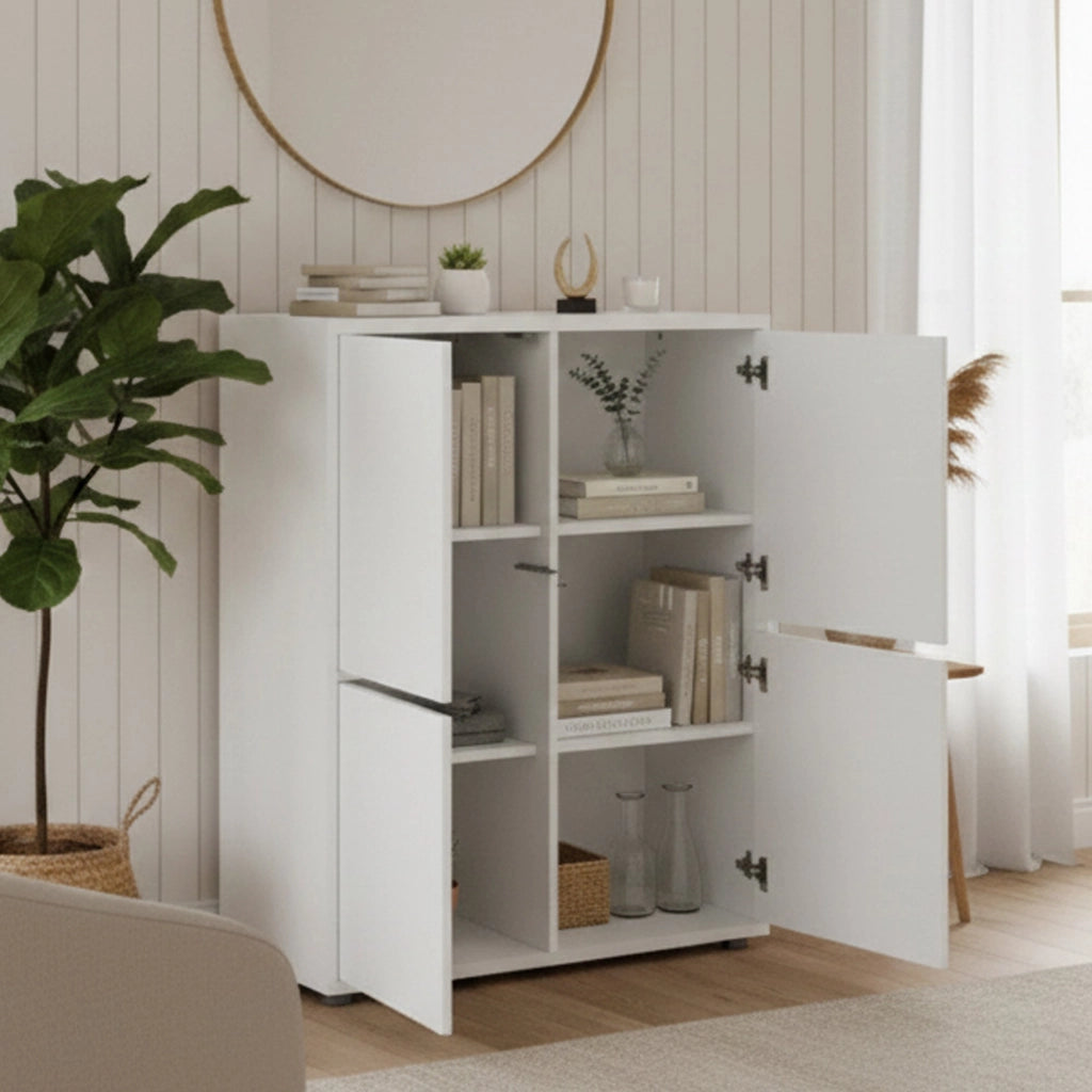 Credenza Ara, Madia da cucina a 4 ante, Buffet da soggiorno, 100% Made in Italy, cm 100x41h126, Bianco lucido