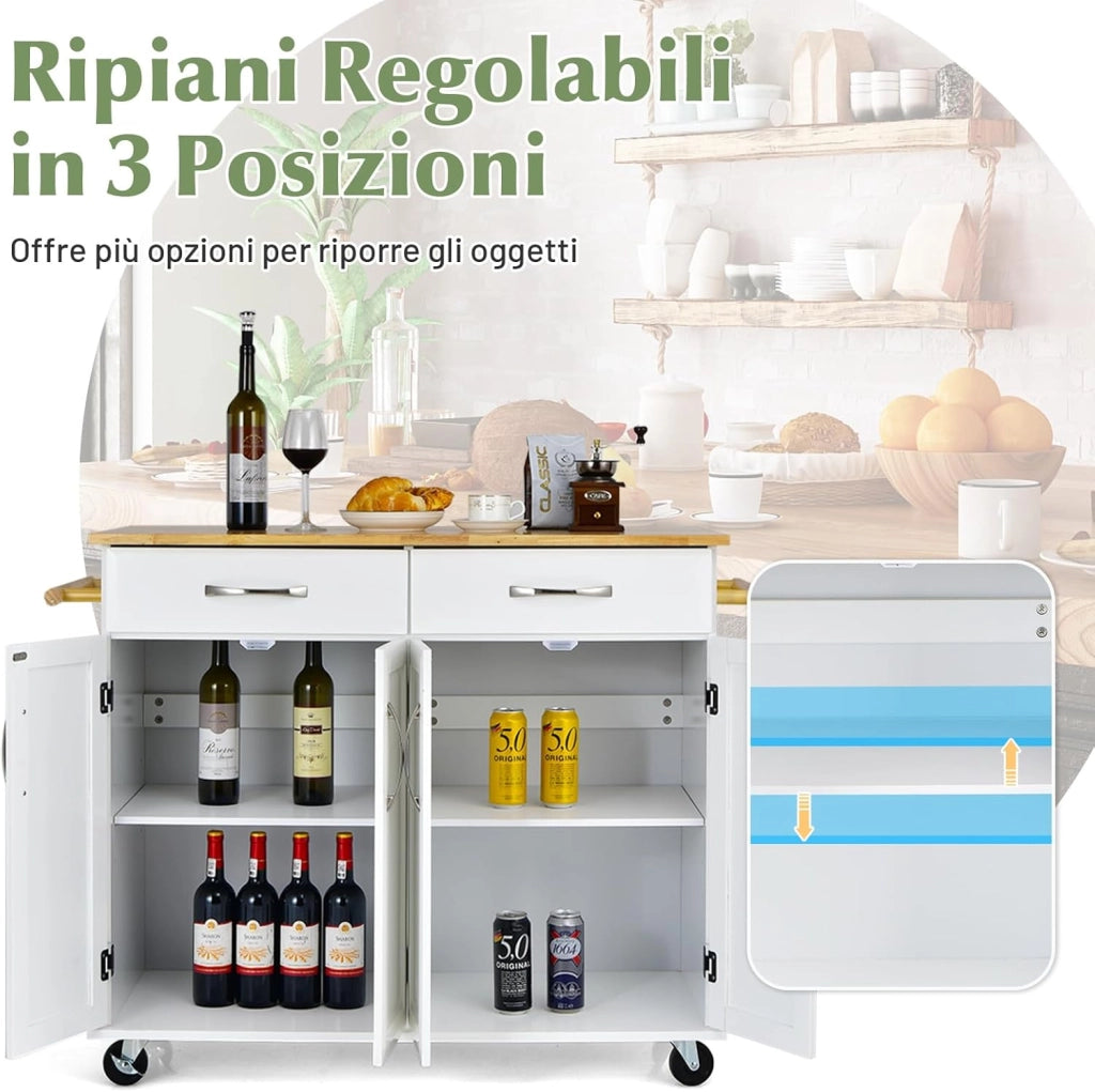 Carrello da Cucina con Cassetti, Isola Cucina con Piano in Legno di Gomma, con 4 Ante Ripiani Regolabili e Porta Asciugamani, per Cucina Bar Ristorante, 122x48x93 cm (Bianco)