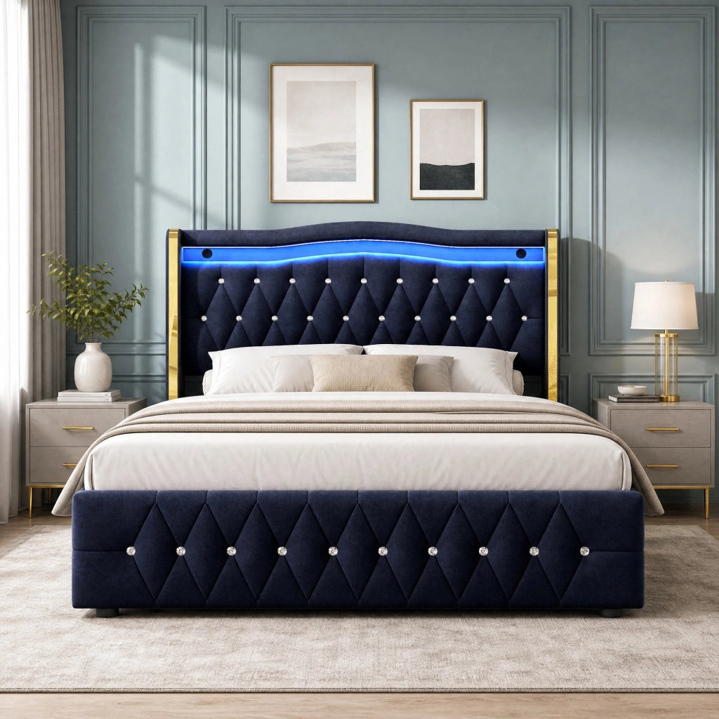 Letto contenitore 140 × 200 cm 2 posti con LED multicolore e vano idraulico, senza materasso, velluto nero
