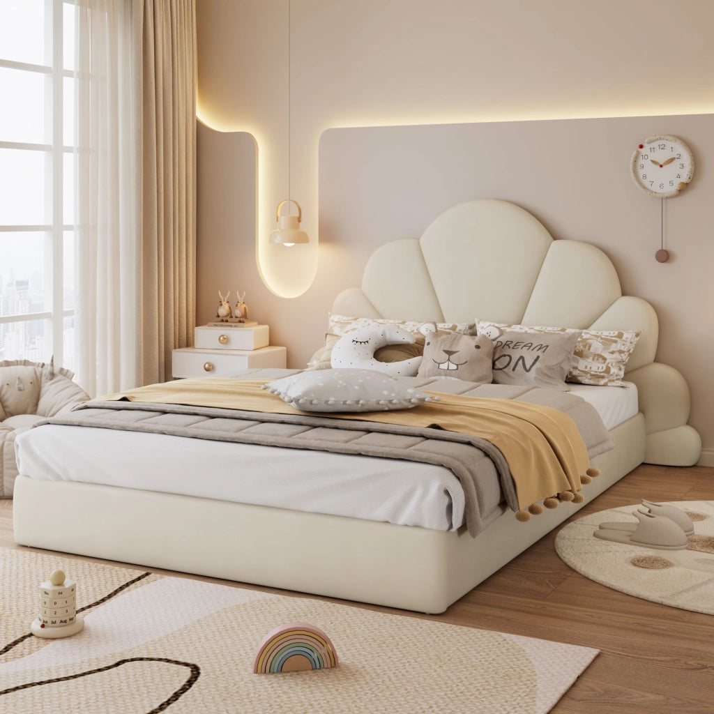 Letto Matrimoniale 140 x 200 cm; Testiera a Fiore; Imbottito in Velluto - Beige